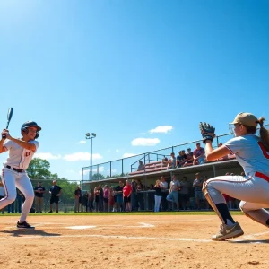 Students playing high school softball during a game