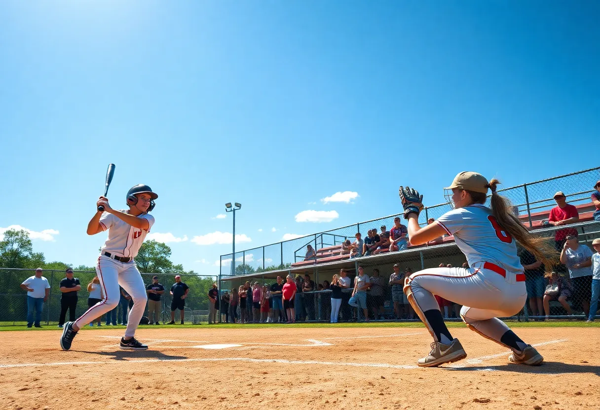 Students playing high school softball during a game