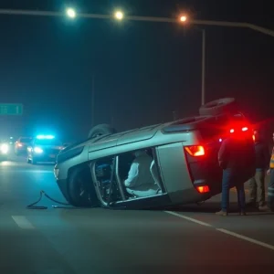 Flipped SUV on I-95 at night
