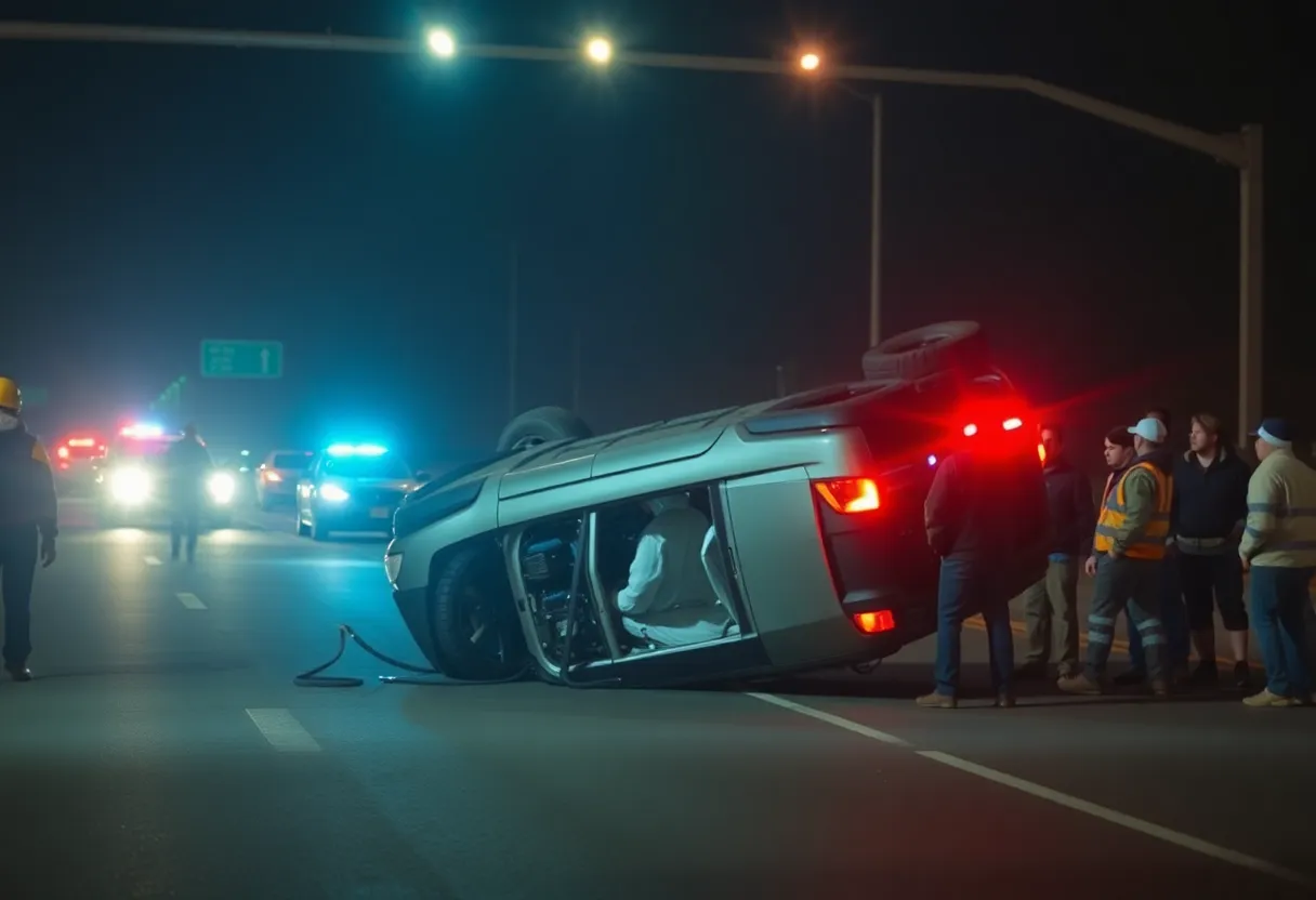 Flipped SUV on I-95 at night