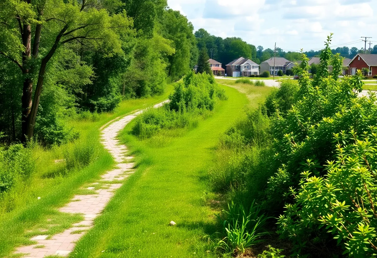 Lush landscape of the Jacksonville-Baldwin Rail Trail with paths for walkers and bikers.
