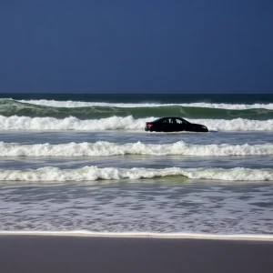 Car submerged in ocean at Jacksonville Beach night