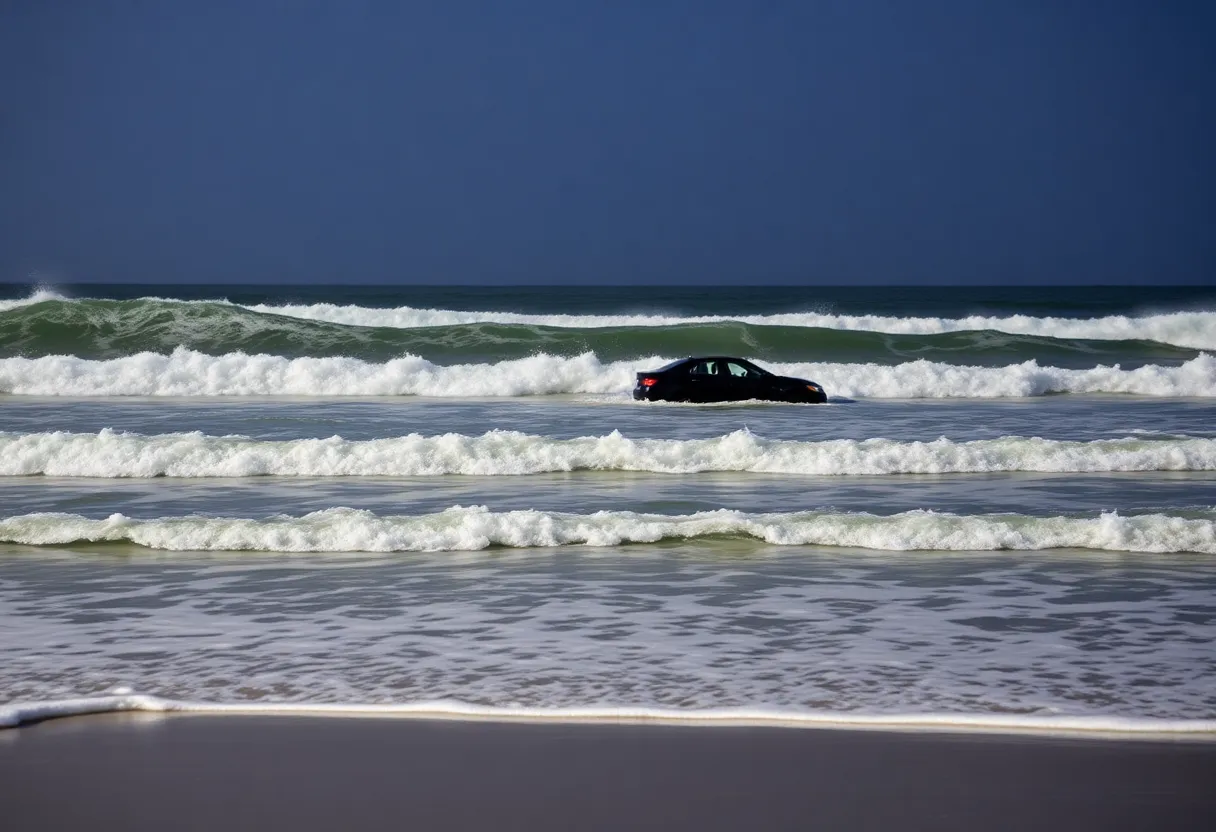 Car submerged in ocean at Jacksonville Beach night