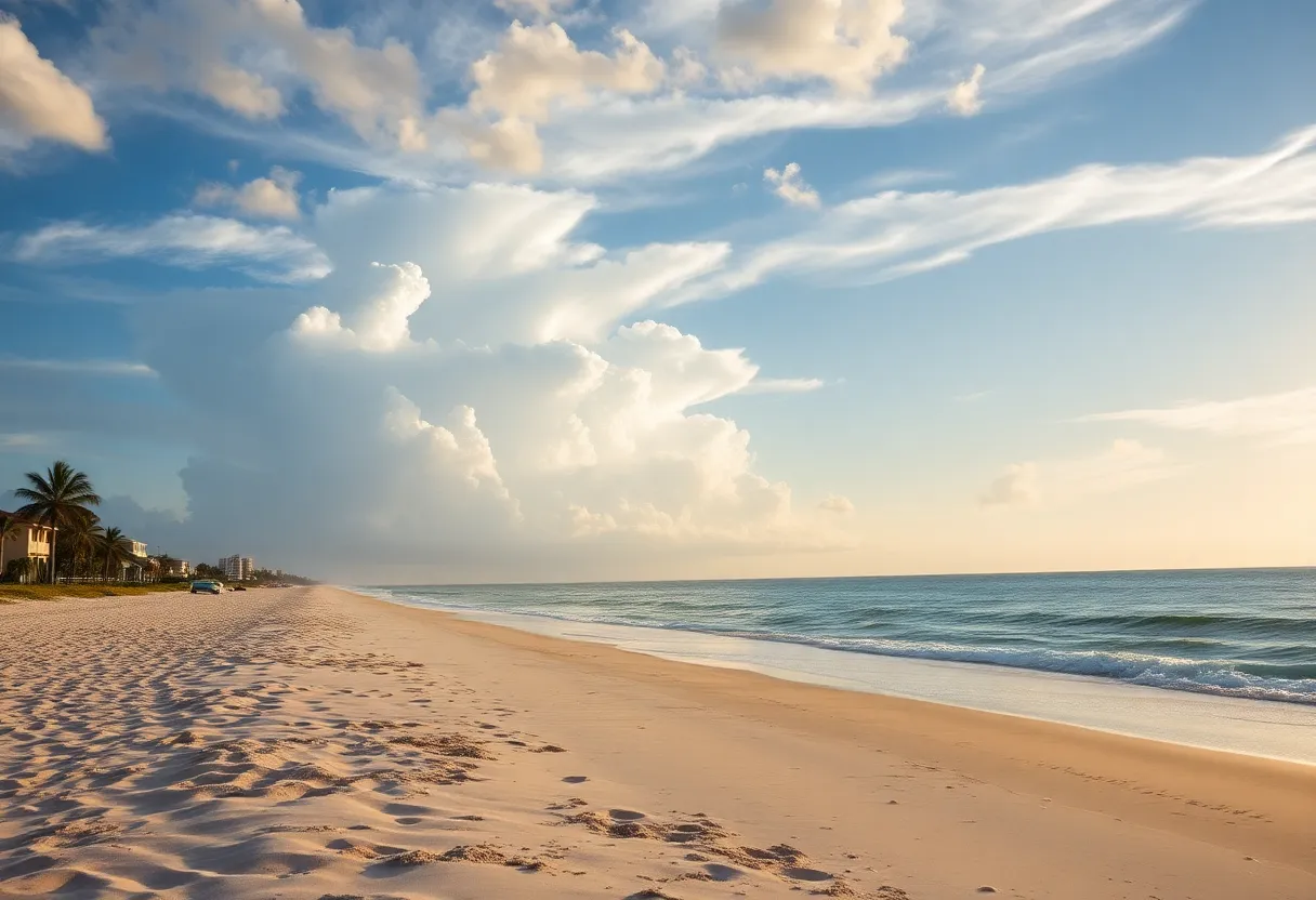 A sunny day at Jacksonville Beach with clouds indicating changing weather.