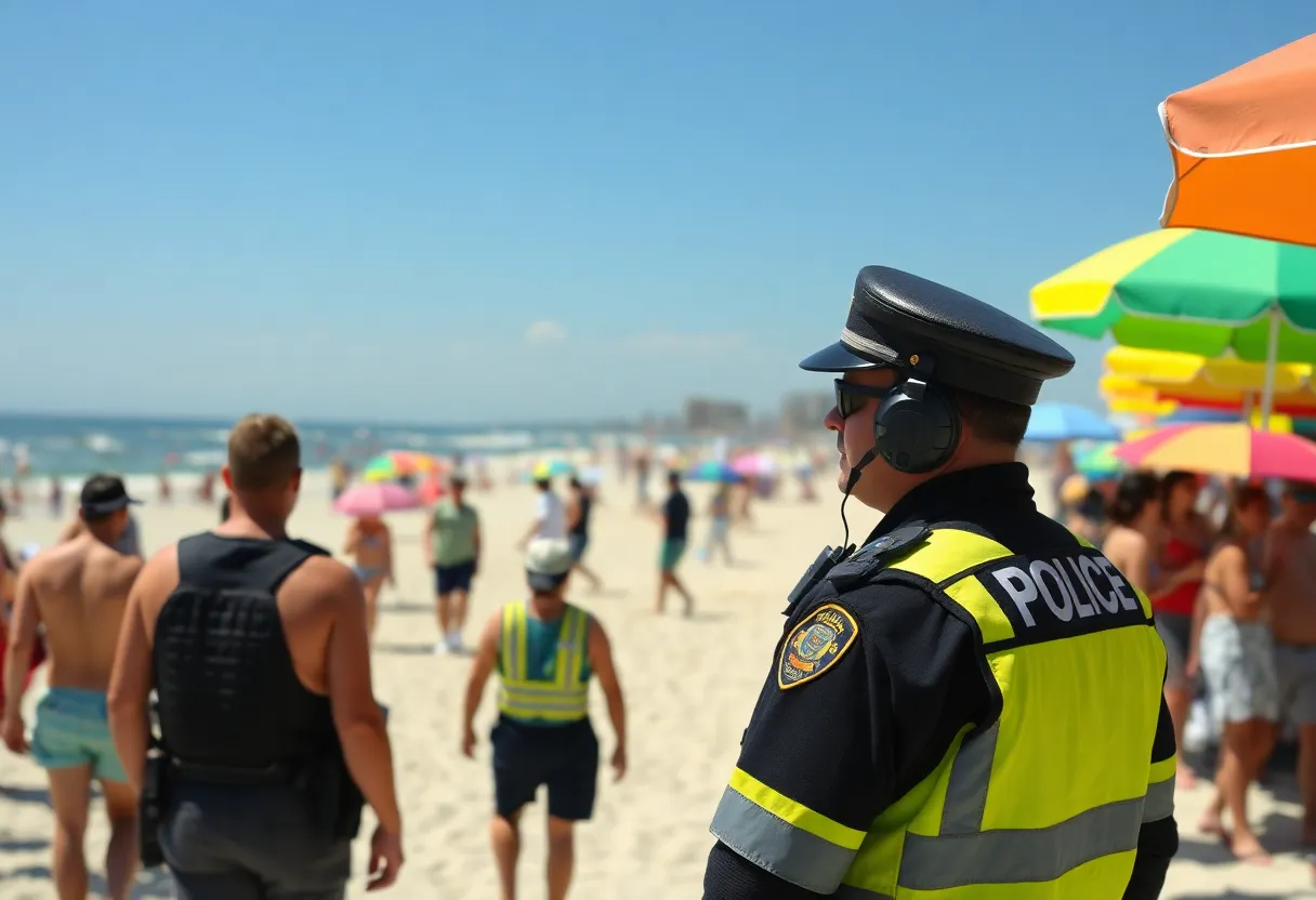Beachgoers enjoying a sunny day at Jacksonville Beach with police presence ensuring safety