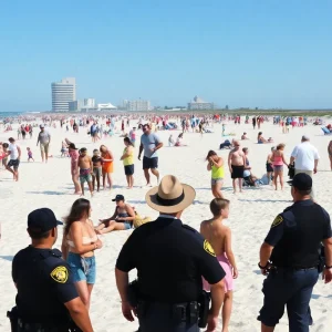 Families enjoying Jacksonville Beach during spring break with police presence