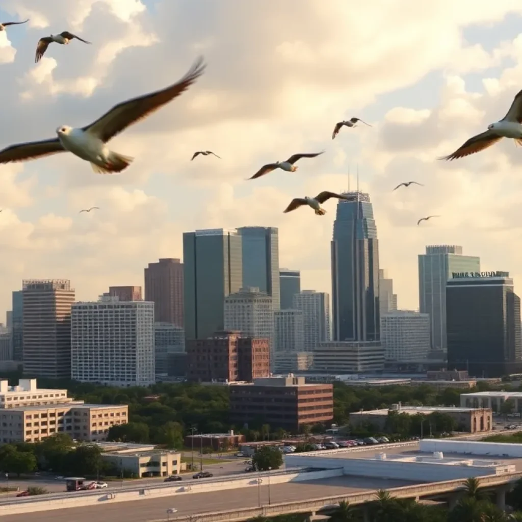 A view of Jacksonville skyscrapers with birds in flight, highlighting bird safety measures.
