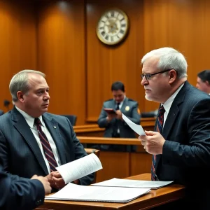 Courtroom scene depicting the sentencing of two brothers involved in tax fraud.