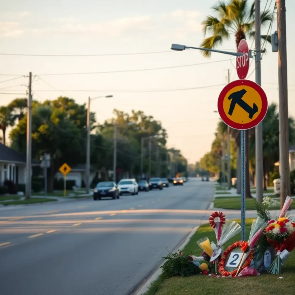 Memorial at the site of a tragic car accident in Jacksonville, Florida.
