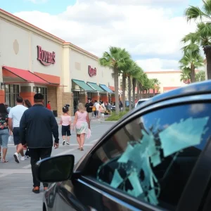Visual representation of a car with a shattered window in a shopping plaza in Jacksonville, Florida.