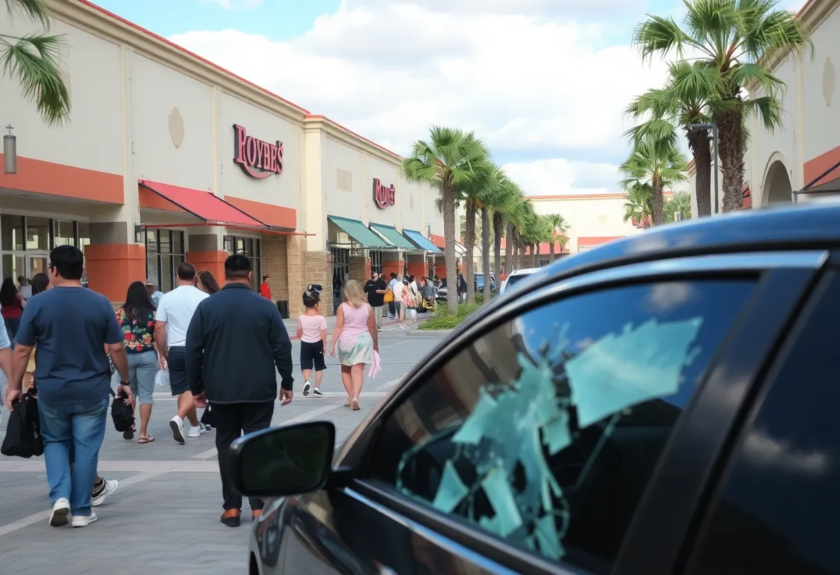 Visual representation of a car with a shattered window in a shopping plaza in Jacksonville, Florida.