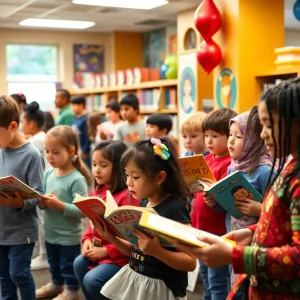 Families and children celebrating reading week with books and activities
