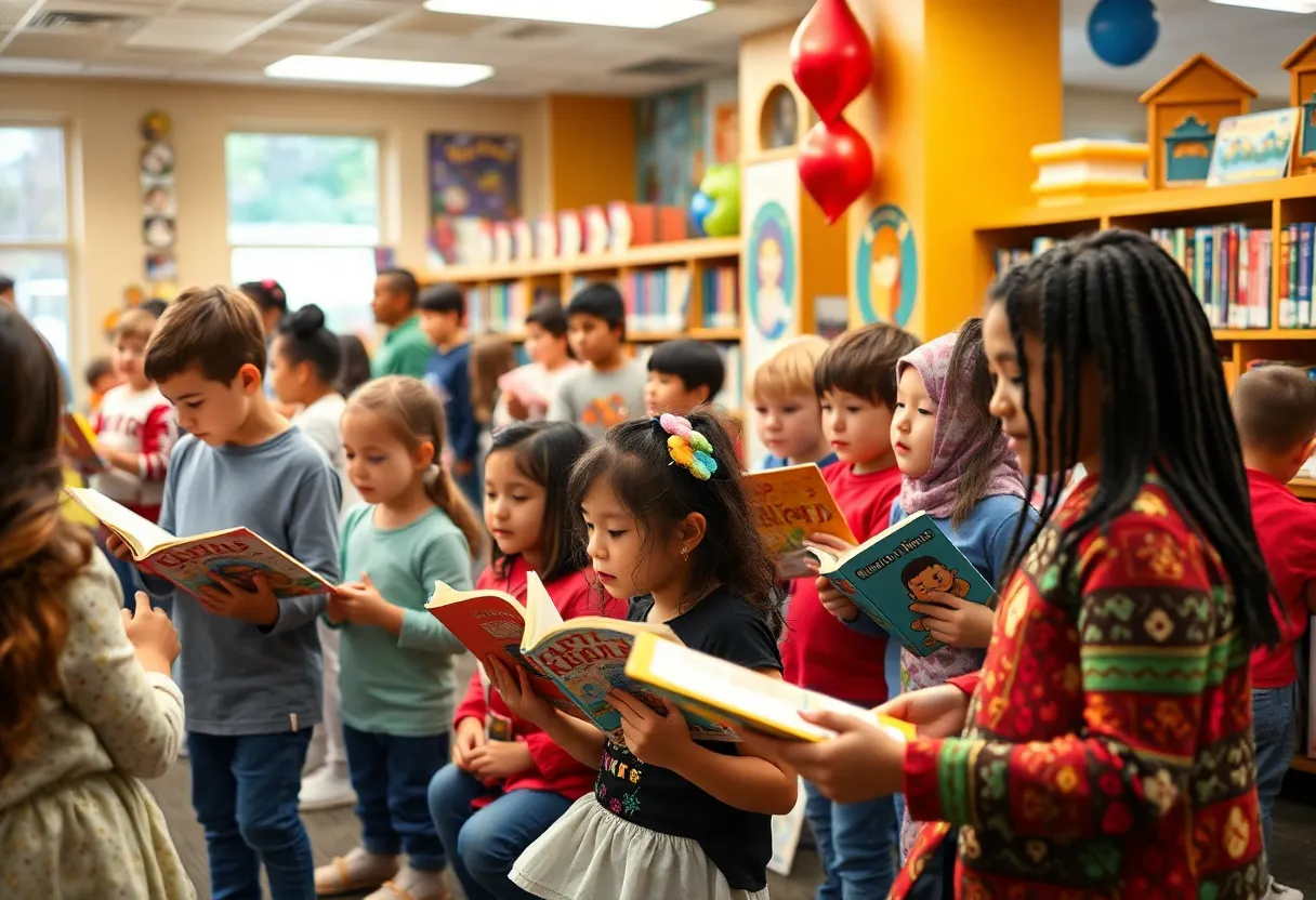 Families and children celebrating reading week with books and activities