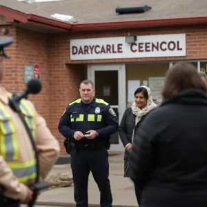 Police presence near a daycare after a tragic shooting incident.
