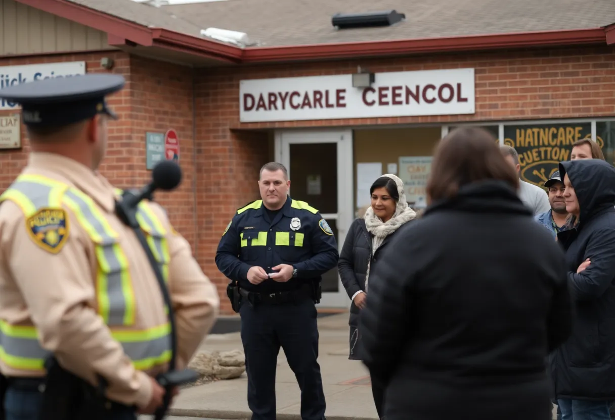 Police presence near a daycare after a tragic shooting incident.
