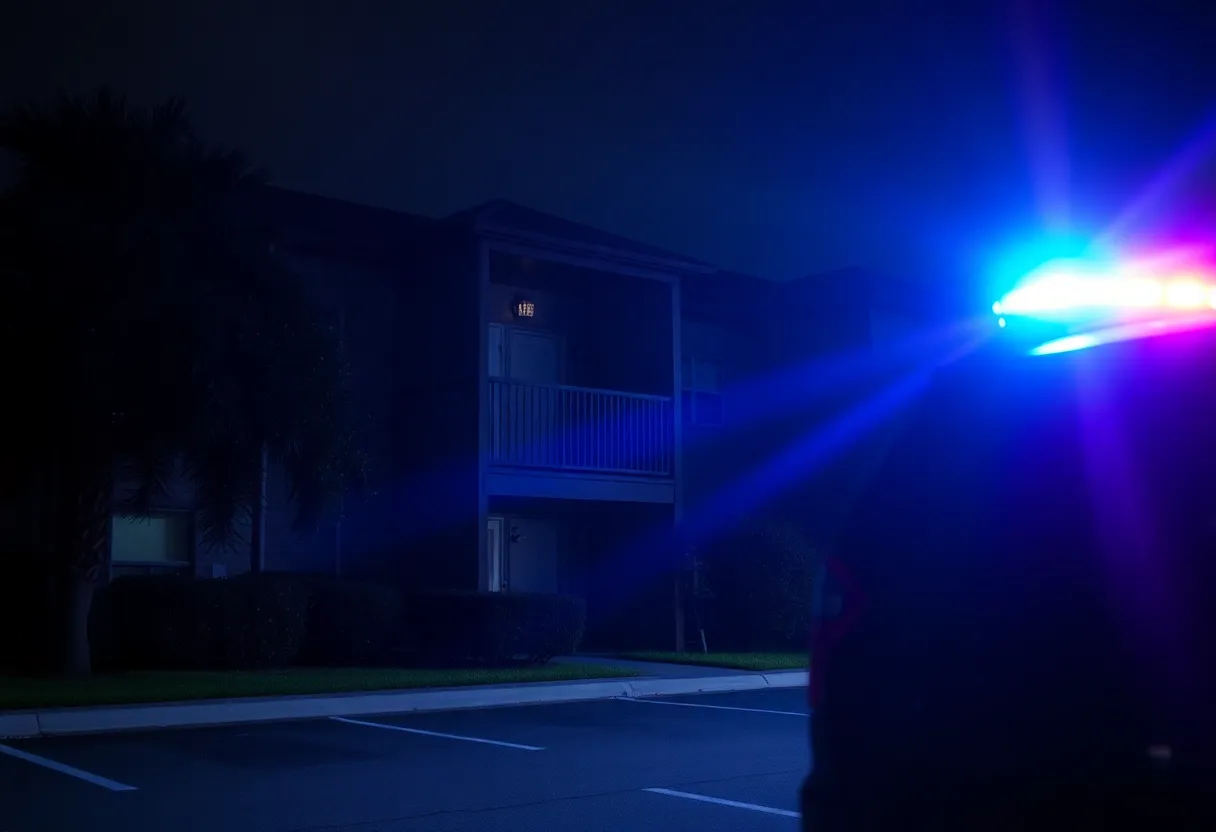 Police lights at an apartment complex in Jacksonville where a tragic stabbing occurred.