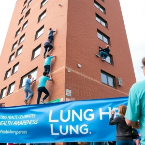 Participants climbing the Bank of America Tower for lung health research