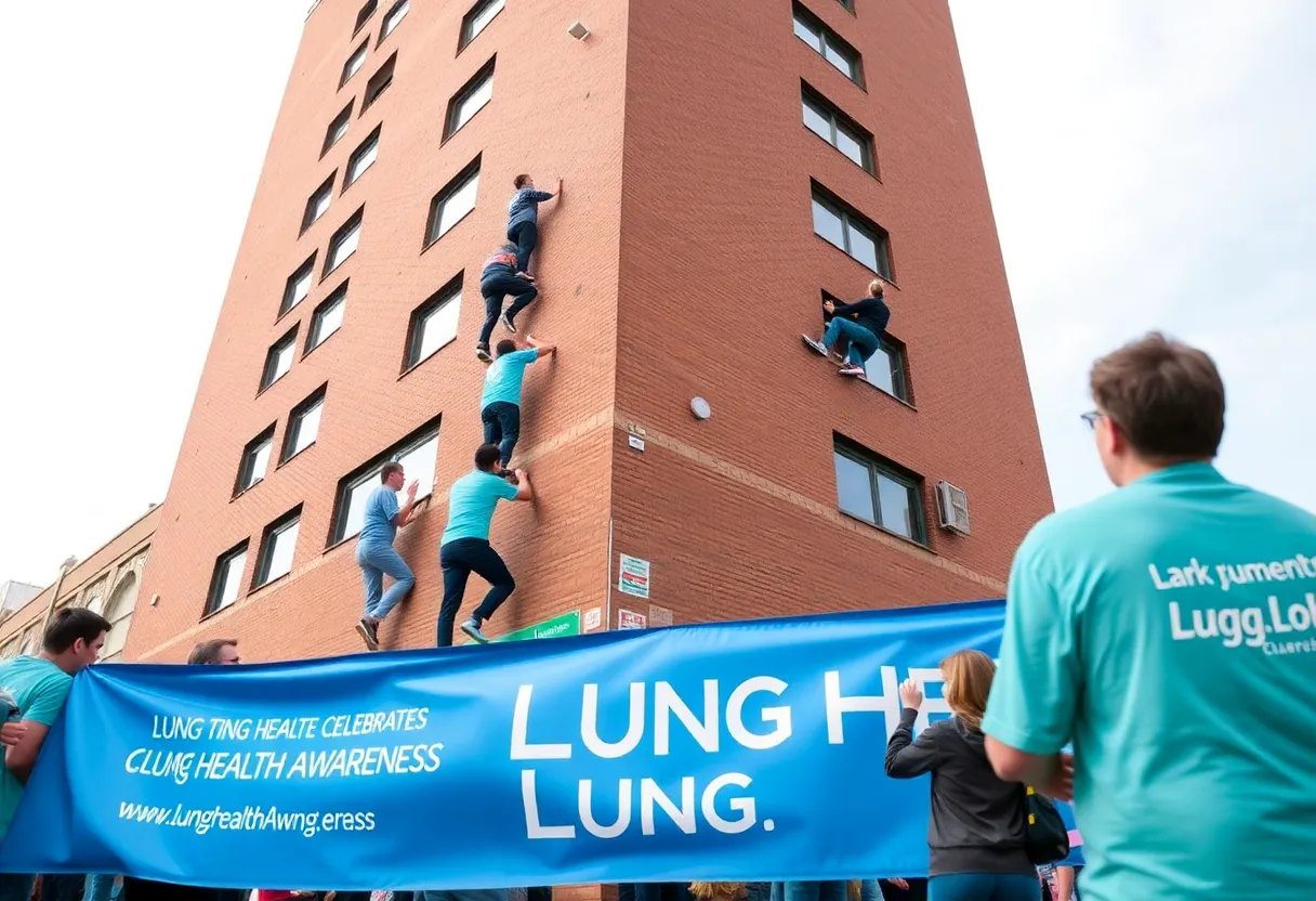 Participants climbing the Bank of America Tower for lung health research