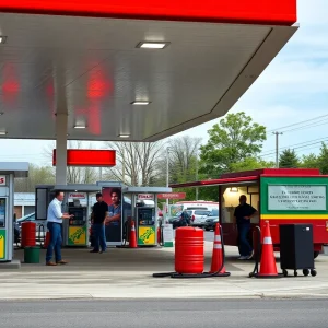 Image depicting a gas station with food trucks, representing the proposal for a ban.