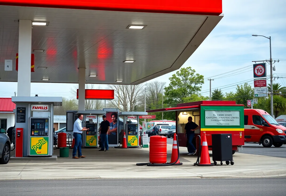 Image depicting a gas station with food trucks, representing the proposal for a ban.