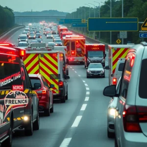 View of emergency response vehicles on I-95 highlighting road safety concerns.