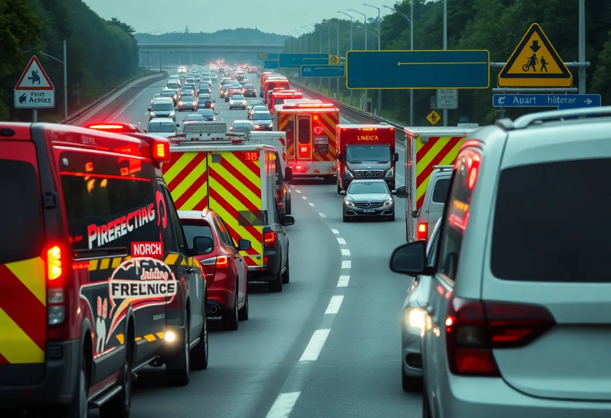 View of emergency response vehicles on I-95 highlighting road safety concerns.