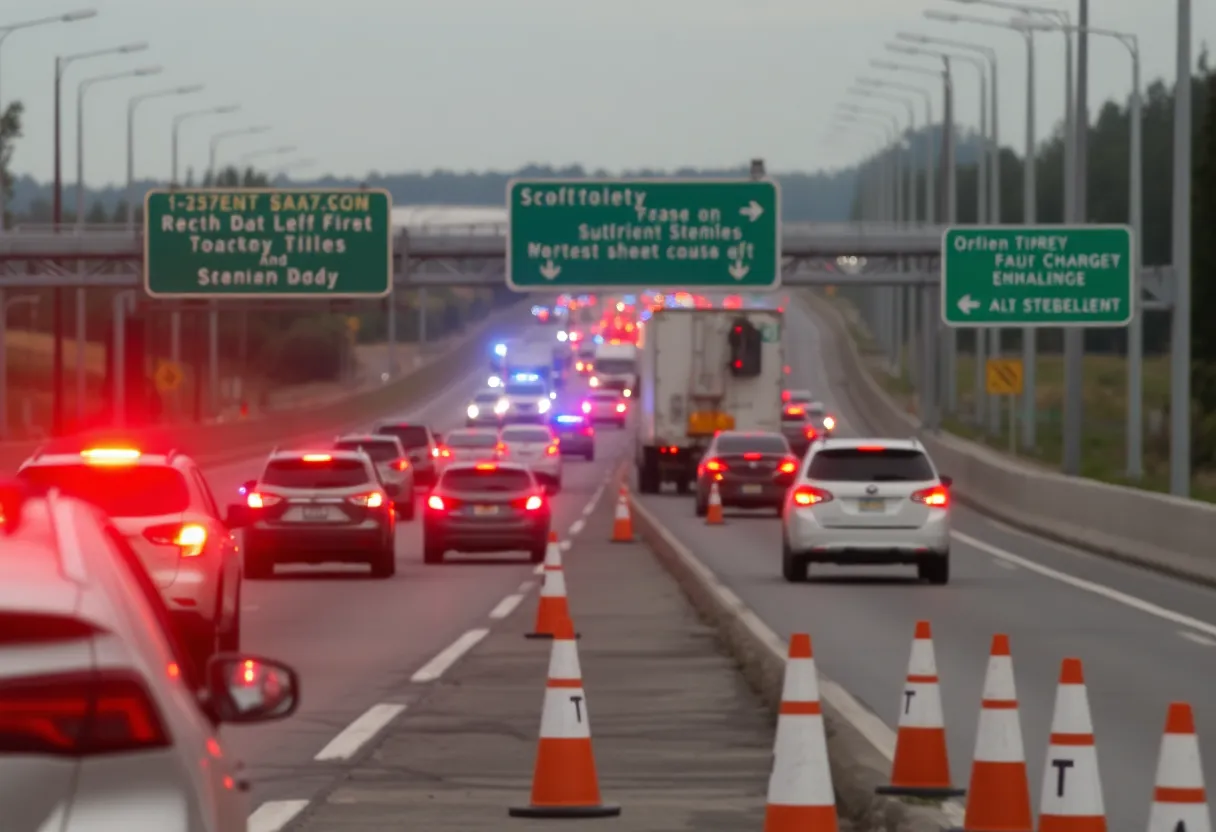 Police lights and traffic congestion on I-95 in Jacksonville