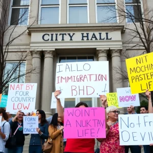 Protesters outside Jacksonville city hall holding signs