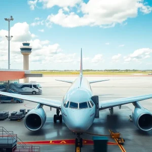 A plane at Jacksonville International Airport ready for takeoff.