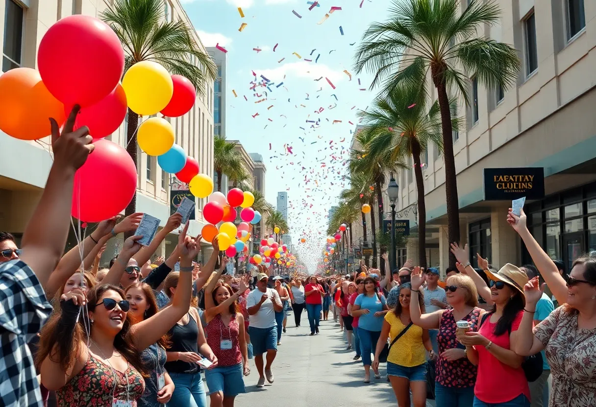 People celebrating a lottery win in Jacksonville, Florida.