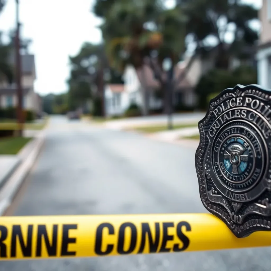 Crime scene tape with police badge in a Jacksonville neighborhood