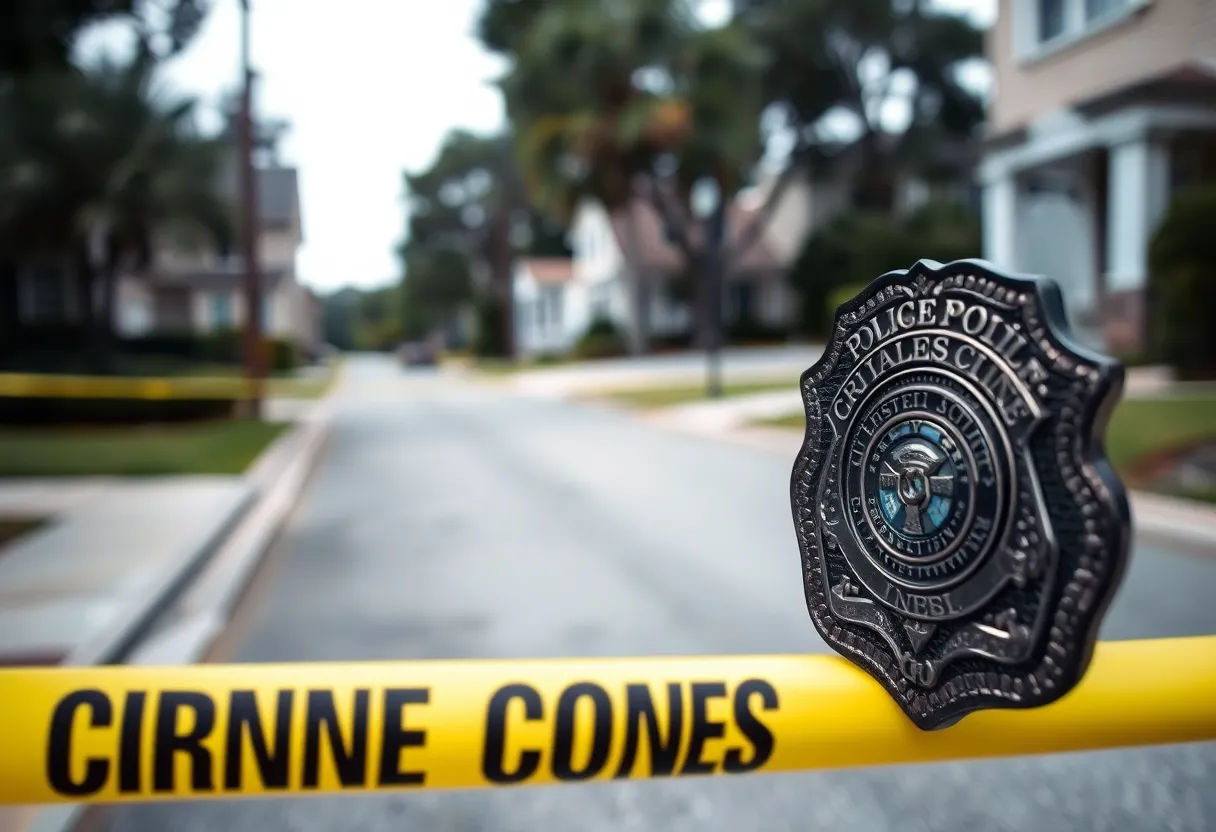 Crime scene tape with police badge in a Jacksonville neighborhood
