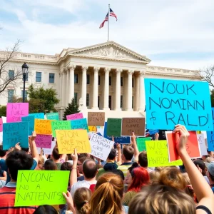 A large group of protesters gathered with signs outside a federal building in Jacksonville.