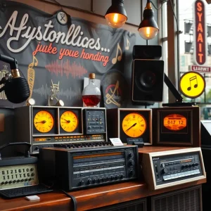 An energetic depiction of a vintage radio station in Jacksonville promoting community and culture.
