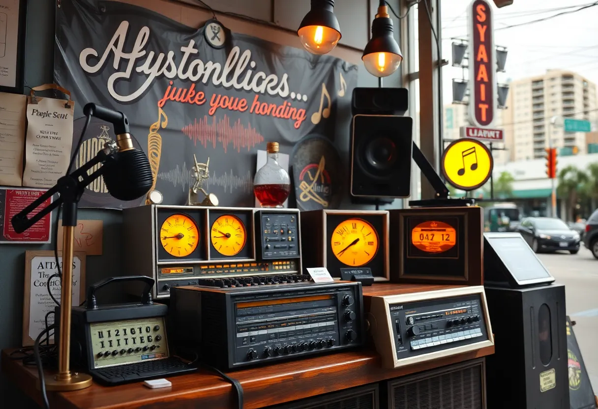 An energetic depiction of a vintage radio station in Jacksonville promoting community and culture.