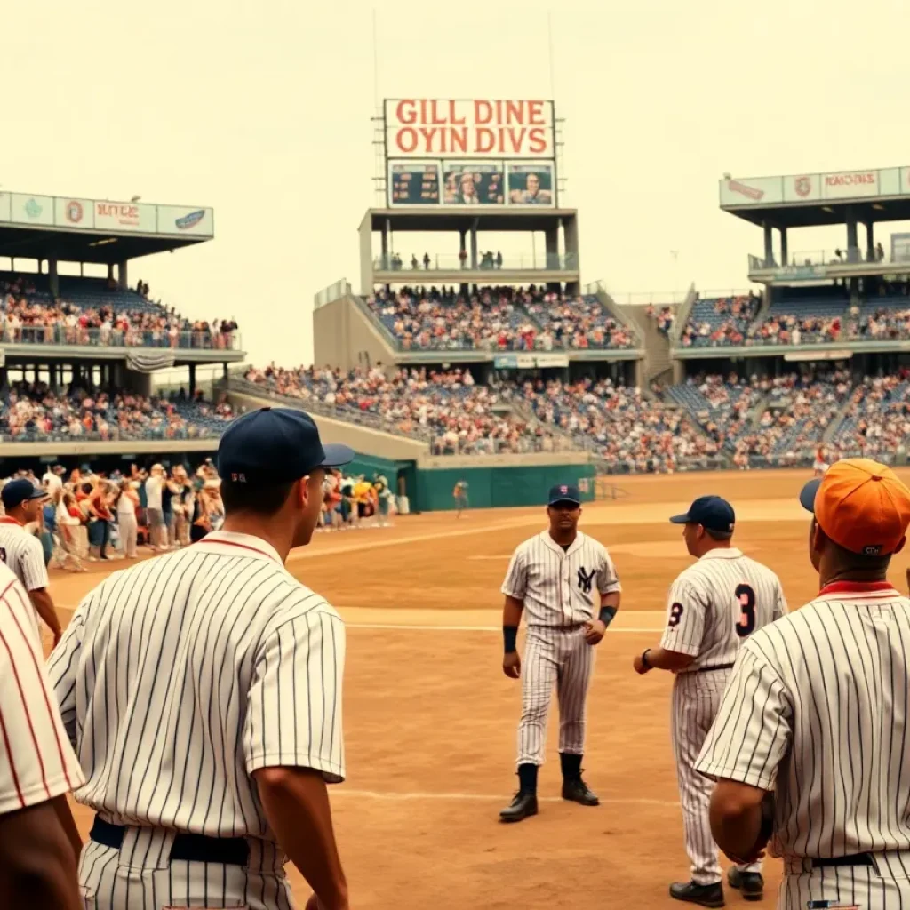 Players in vintage uniforms at a baseball game honoring Negro Leagues history.
