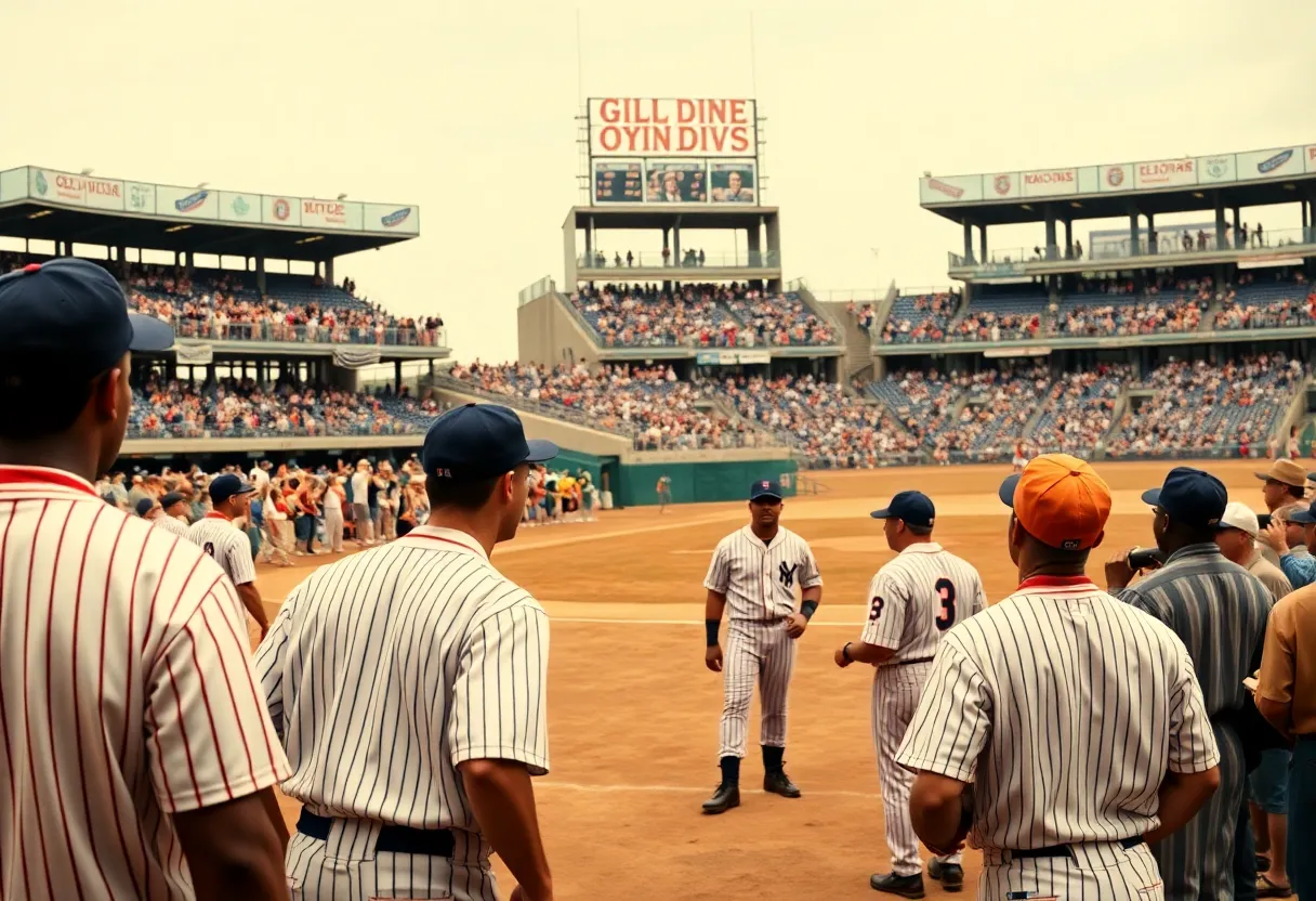 Players in vintage uniforms at a baseball game honoring Negro Leagues history.