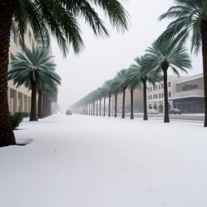 Snow covering the ground in Jacksonville, Florida with palm trees in the background.