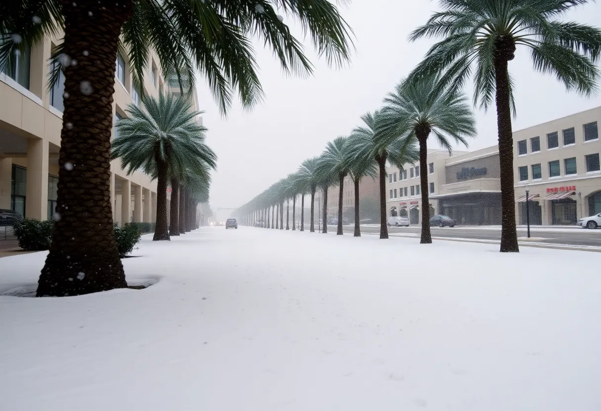 Snow covering the ground in Jacksonville, Florida with palm trees in the background.