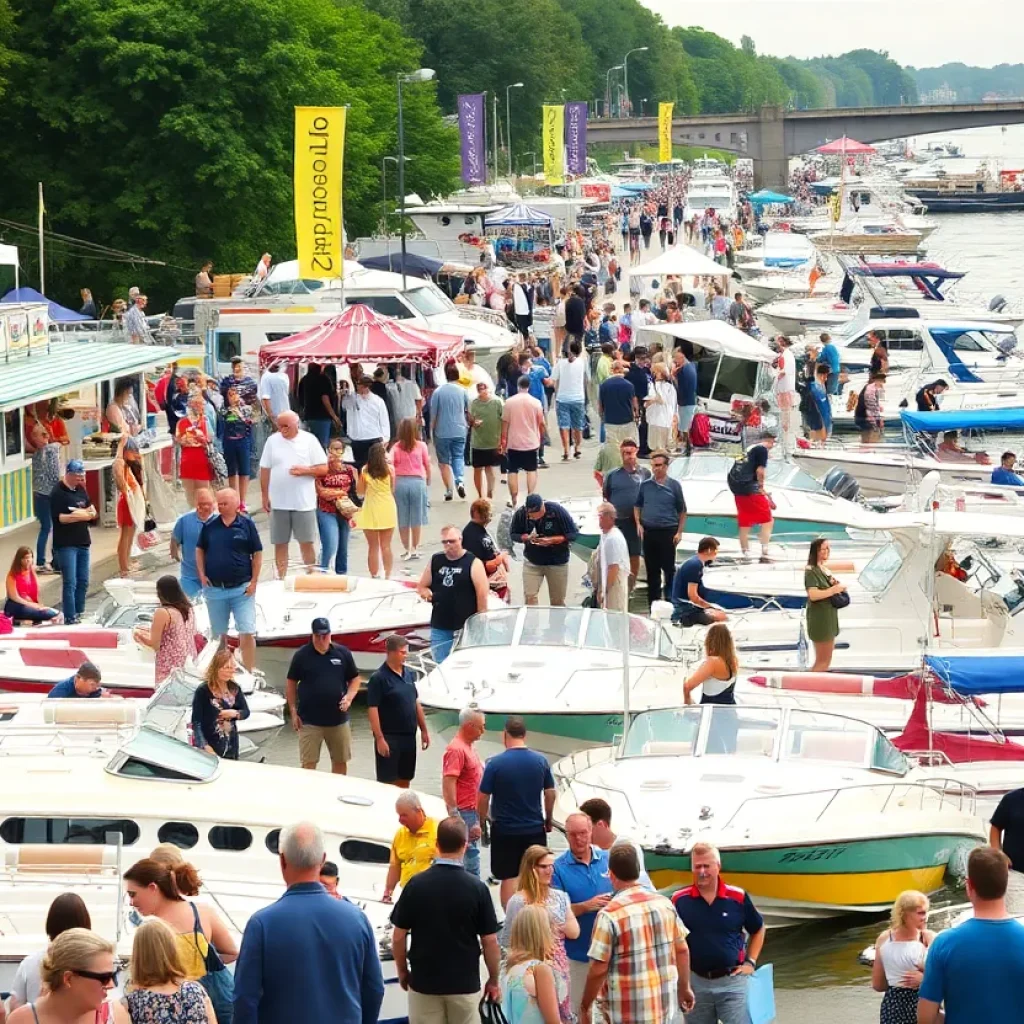 Attendees enjoying the Jacksonville Spring Boat Show with various boats on display.
