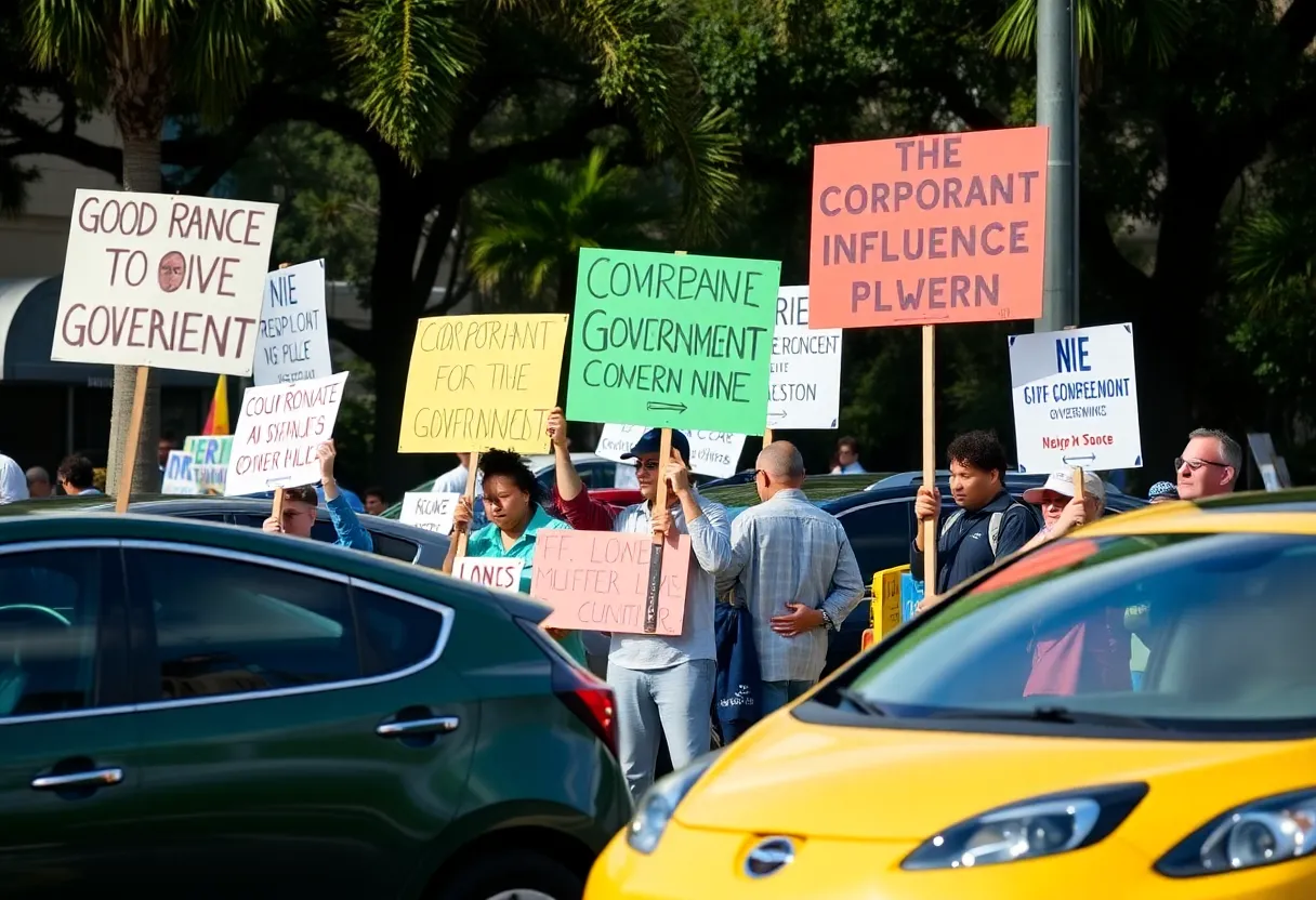 Protesters holding signs against corporate influence during Tesla protests in Jacksonville.