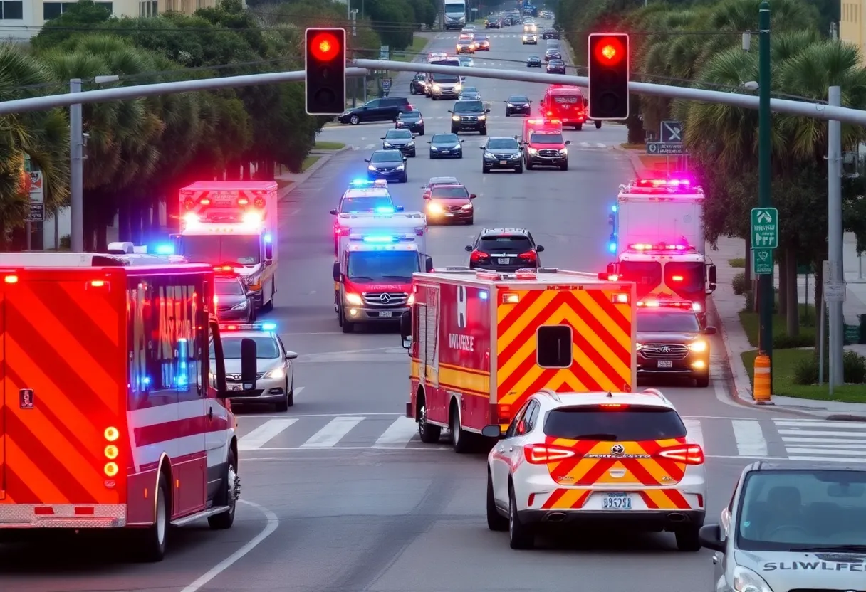 Emergency vehicles responding to a traffic accident in Jacksonville