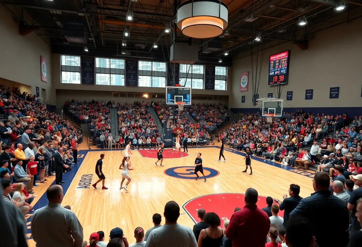 Basketball game at Jacksonville University with players in action