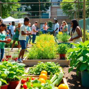 Community members participating in an urban garden event in Jacksonville, showcasing fresh produce.