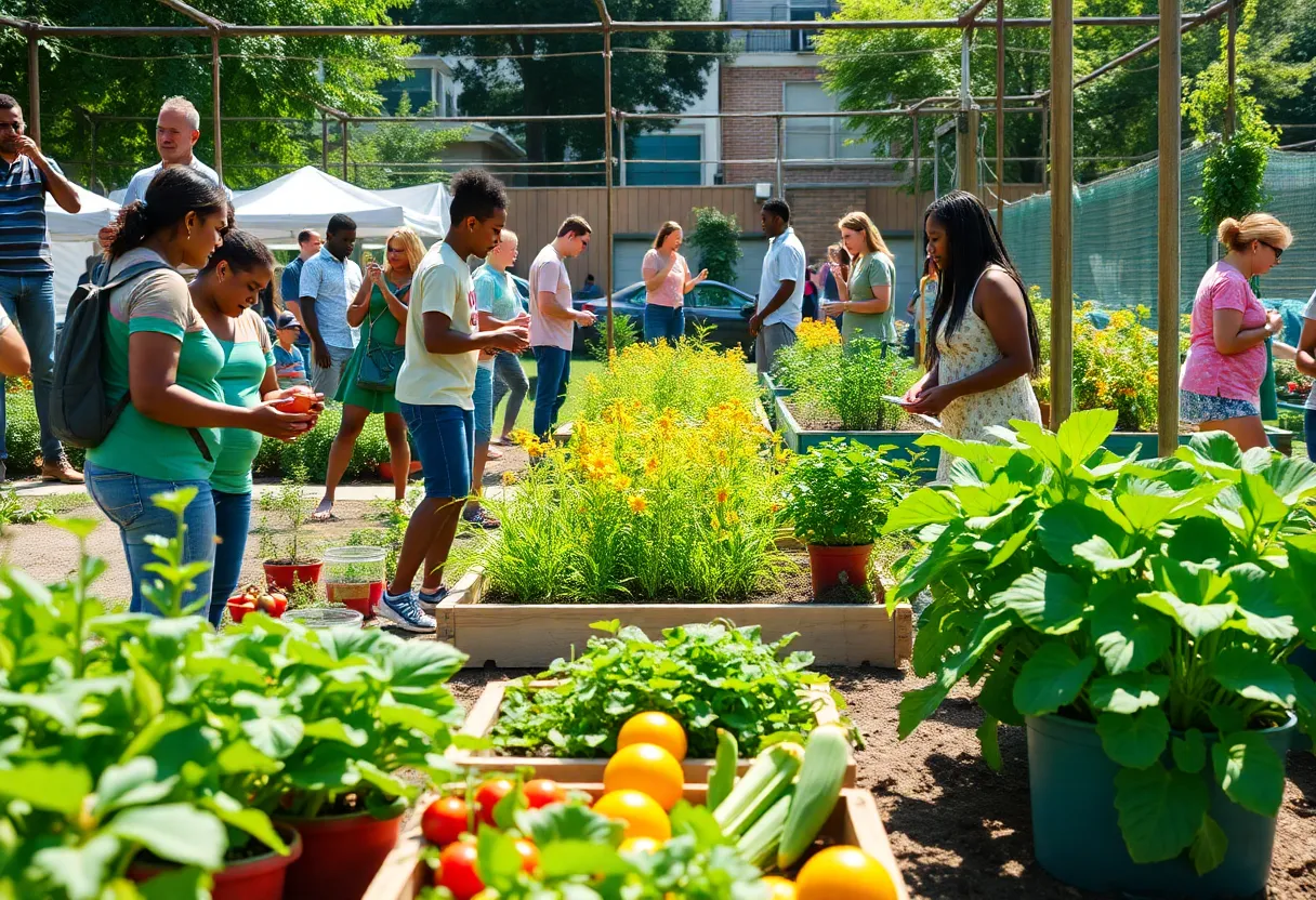 Community members participating in an urban garden event in Jacksonville, showcasing fresh produce.