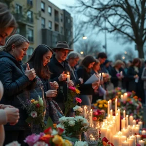 Community members holding candles in memory of Lee Payne