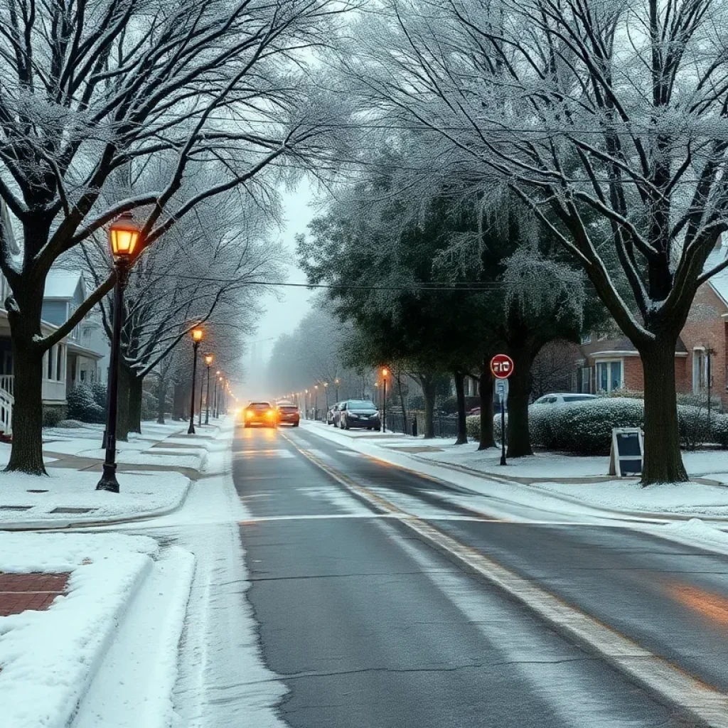 Jacksonville street covered in snow and ice during winter storm