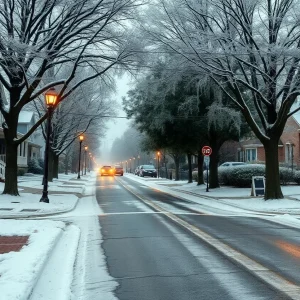 Jacksonville street covered in snow and ice during winter storm