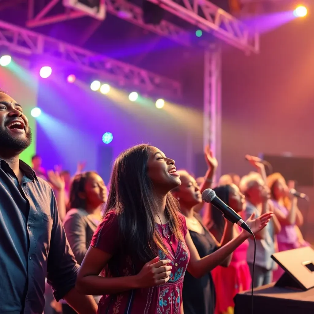 Audience enjoying a gospel concert with colorful stage lights.