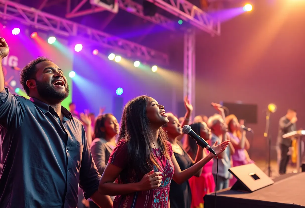 Audience enjoying a gospel concert with colorful stage lights.